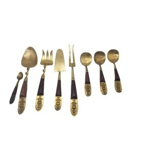 Siam Brass & Wood Serving Set Silverware Thialand Mid Century 8 Pieces